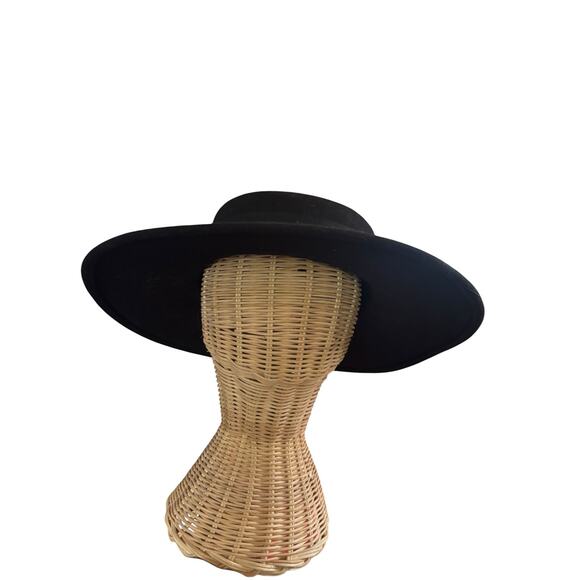 Vintage Black Wide Brim Flat Top Boater Hat Wool Felt Church Derby Size 22 main image 7